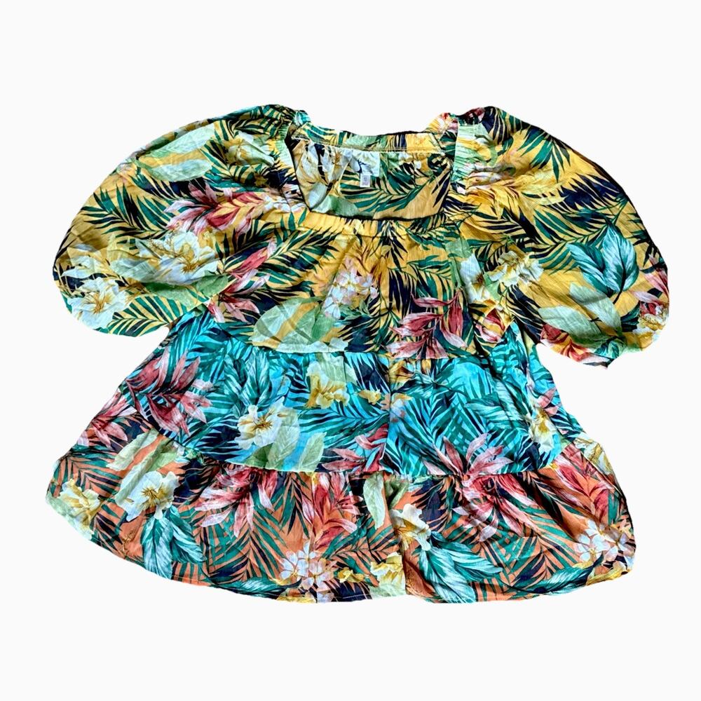 Fig And Flower Anthropologie Yellow Floral Boho Blouse Bubble Sleeves Top Small
